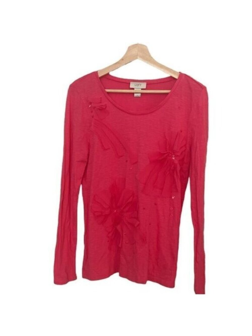 Loft‎ Pink Flower Embellished Sequin Long Sleeve Cotton Top Size M